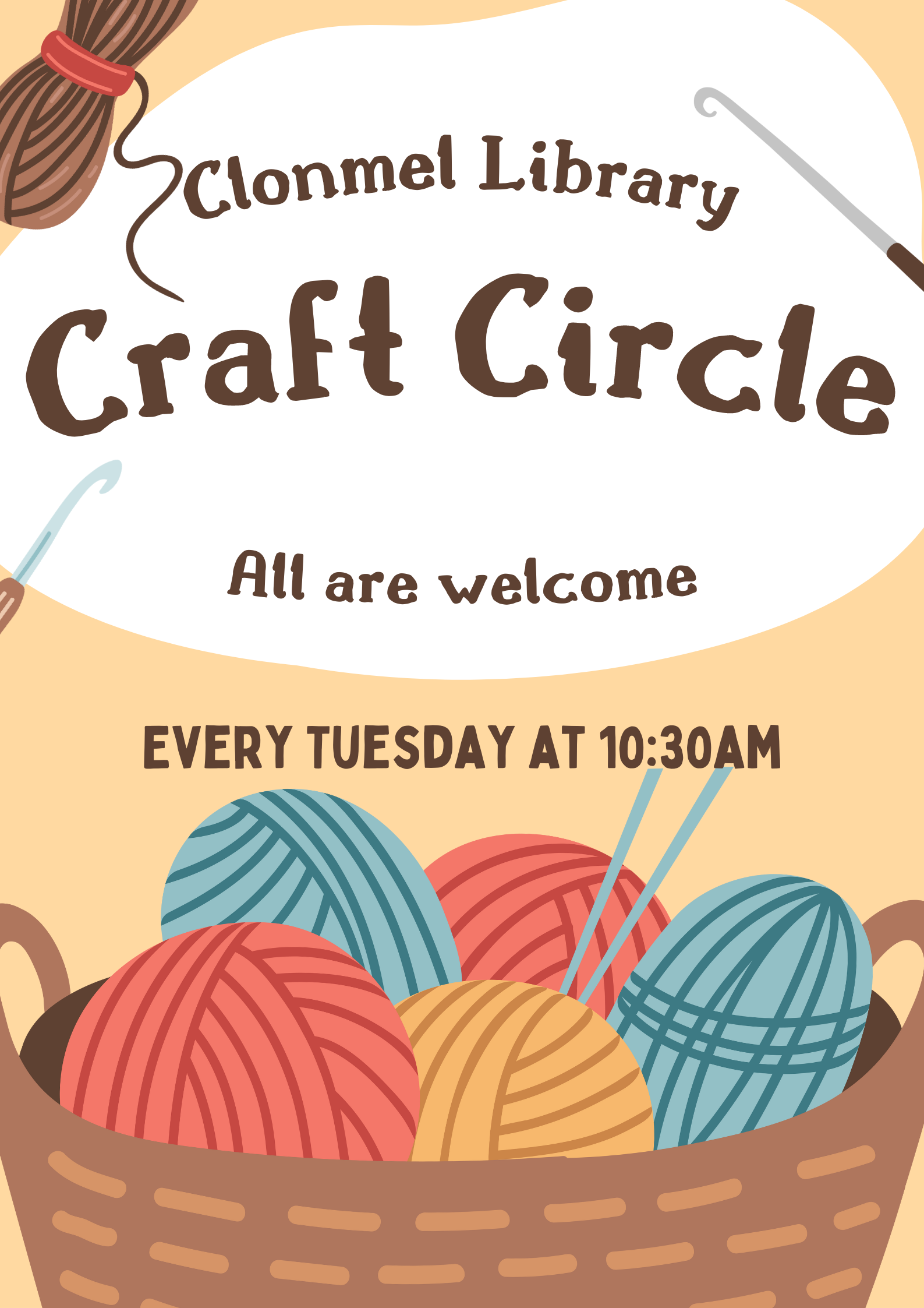 craft group poster every tuesday at 11 all welcome picture of knitting needles and basket of wool