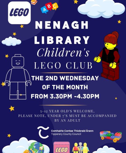 Nenagh Library Lego Club on the second Wednesday of the month. Our Lego Club meets from 3.30pm to 4.30pm. The club is suitable for ages 5 to 12 years old. Please note, under 7s must be accompanied by an adult.