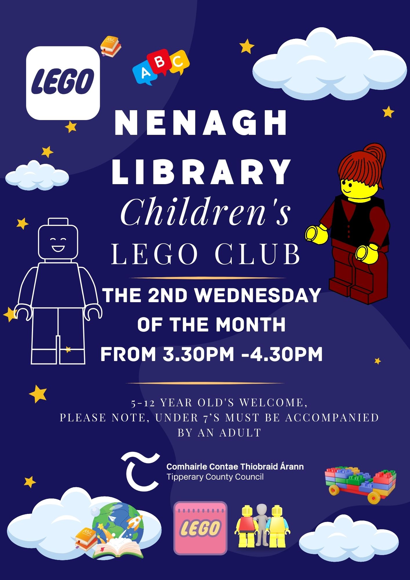 Nenagh Library Lego Club on the second Wednesday of the month. Our Lego Club meets from 3.30pm to 4.30pm. The club is suitable for ages 5 to 12 years old. Please note, under 7s must be accompanied by an adult.