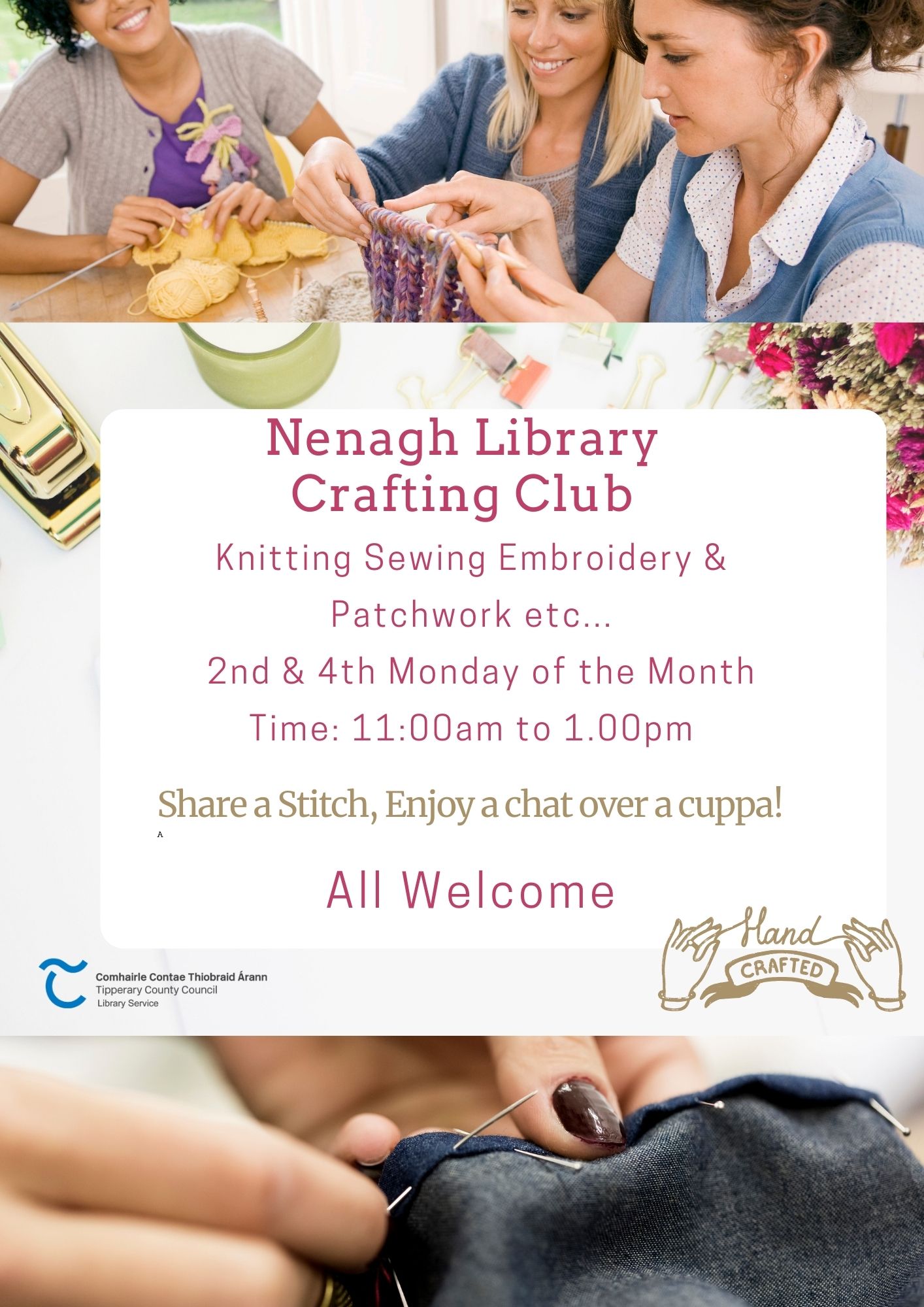 We would love for you to join us on the 2nd and 4th Monday of each month from 11am to 1.00pm. We'll have a variety of activities ranging from knitting to sewing, embroidery, and even patchwork!
