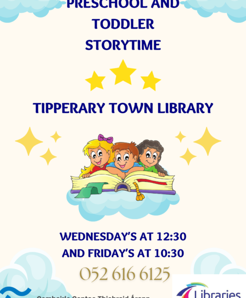Tipperary Town Library's Preschool story-time at 12:30 every Wednesday and toddler story-time every Friday at 10:30