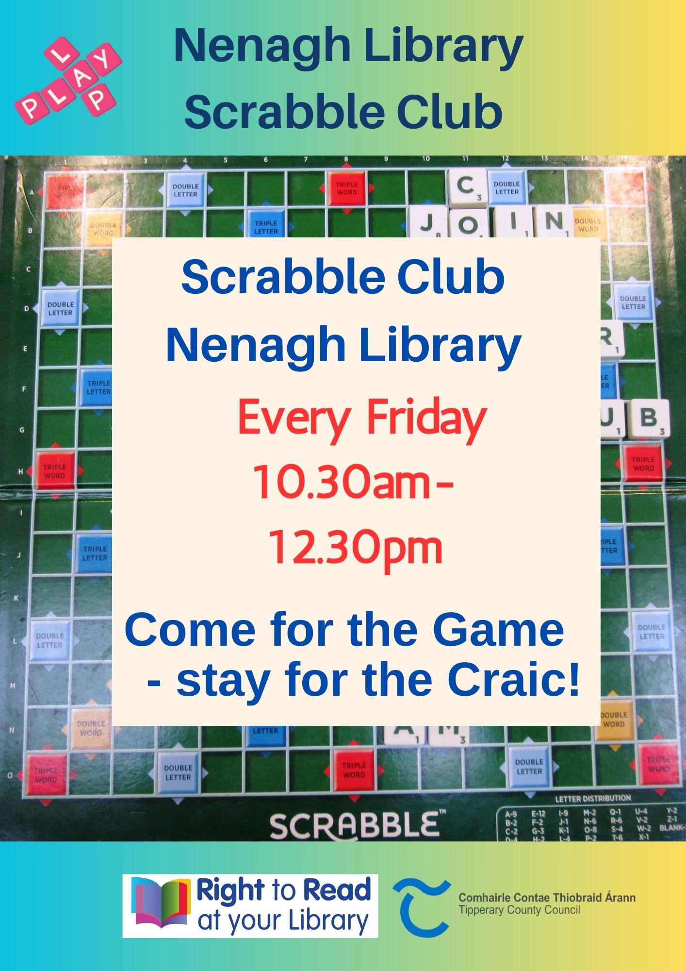 Nenagh Library Scrabble Club meet every Friday morning in Nenagh Library from 10.30am to 12.30am.