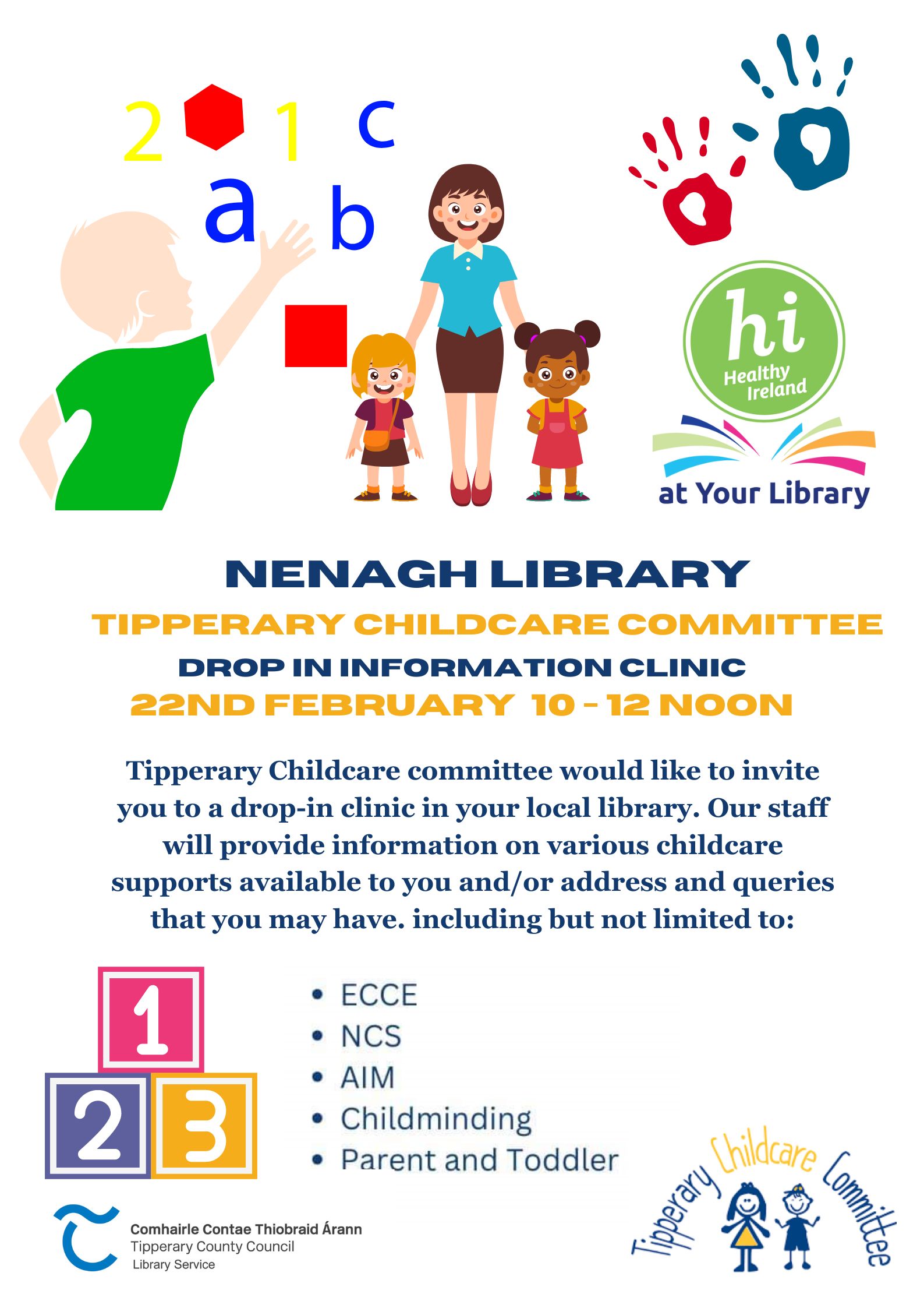 Poster of Tipperary Childcare Committee inviting you to a drop-in clinic in Nenagh Library.