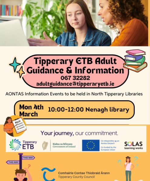 AONTAS festival is "Everyday Learning Spaces – Find Yourself Here" The Adult Learners' Festival is a nationwide celebration of adult learning. Drop in to Nenagh library on 4th March 2024 from 10am to 12 noon to avail of this free, impartial, friendly and confidential service.