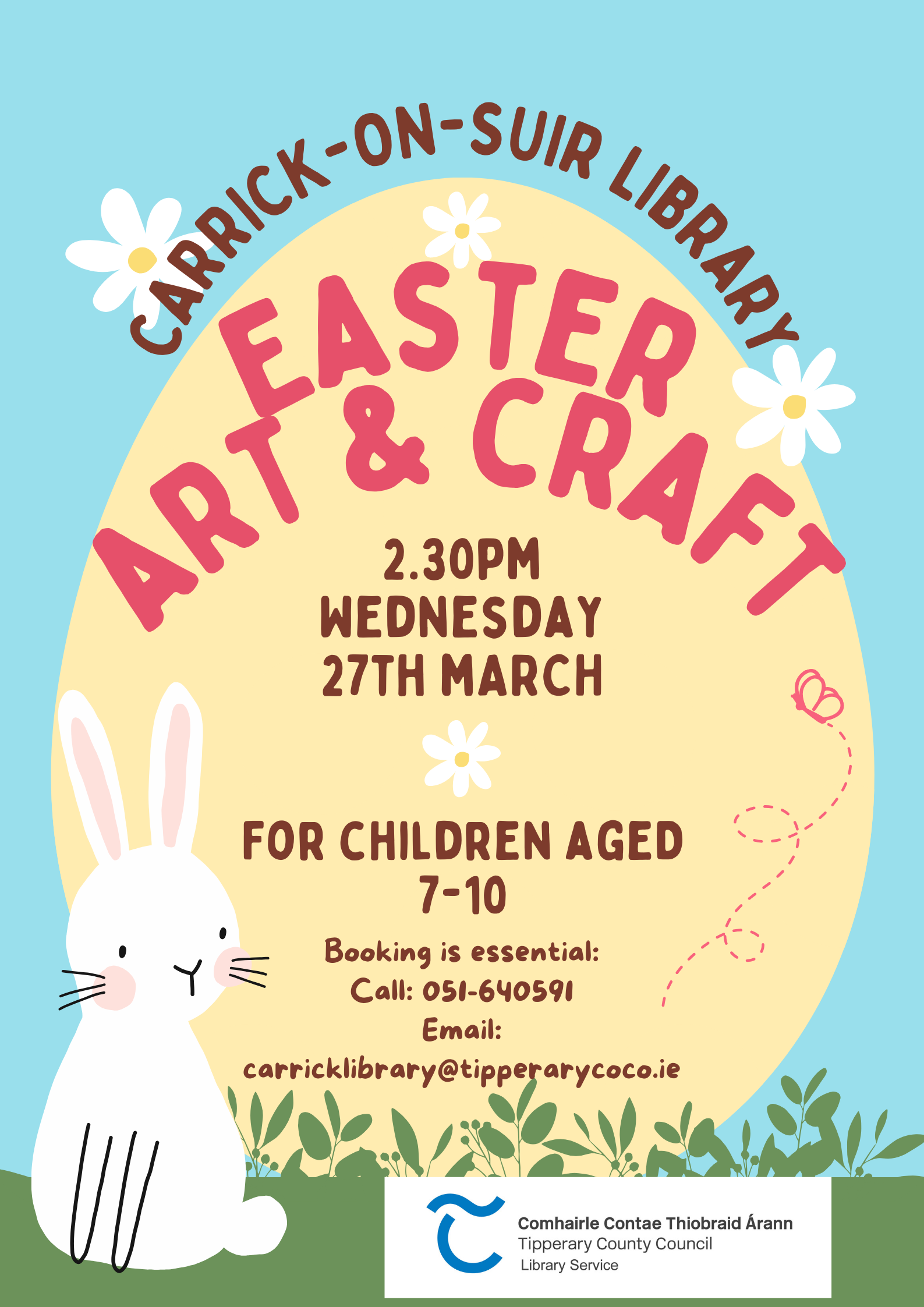 A colourful poster showing the details of the event, with an image of an Easter egg and a bunny.