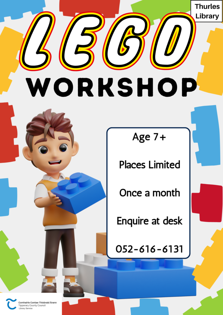Thurles Library Lego Workshop. Age 7+. Wednesday 28th May at 4:00pm. Booking required. Contact us on 052 616 6131 to book your place.