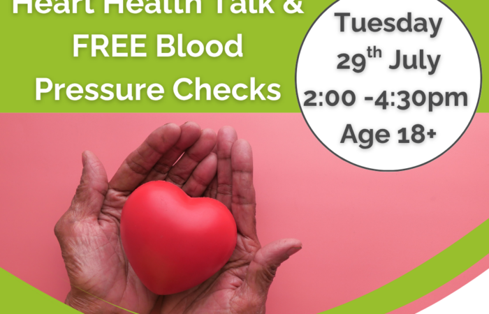 Free Heart Health Talk and Blood Pressure Checks. Thurles Library Tuesday 29th July @2:00-4:30pm. For ages 18+. Booking Required - 052 6166131