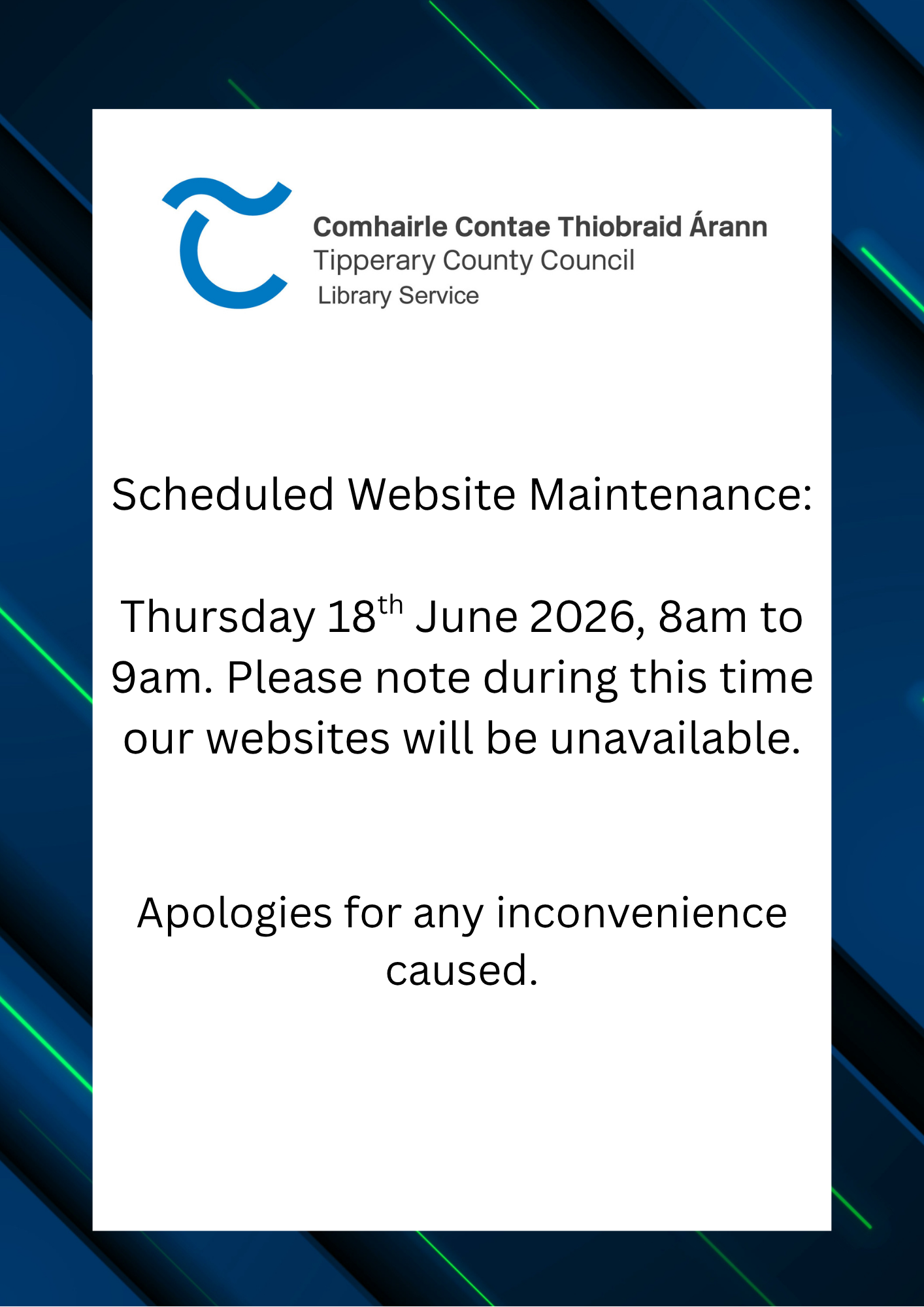Notice of website maintenance on 18th June 2026.