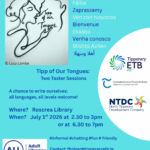 Information on Tipp of our Tongues free creative writing taster session in Roscrea library on 1st July 2026