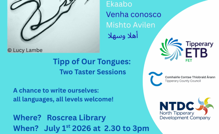 Information on Tipp of our Tongues free creative writing taster session in Roscrea library on 1st July 2026