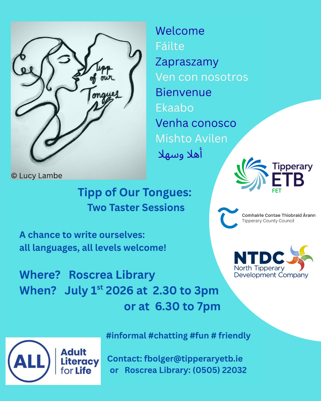 Information on Tipp of our Tongues free creative writing taster session in Roscrea library on 1st July 2026